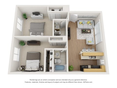 Floor plan for 2 beds, 2 baths, 757 sqft